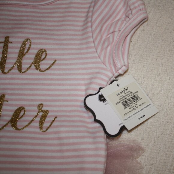 Mud Pie Pink and White Striped "Little Sister" Bodysuit with Tulle Ruffle 6 M - Picture 4 of 7